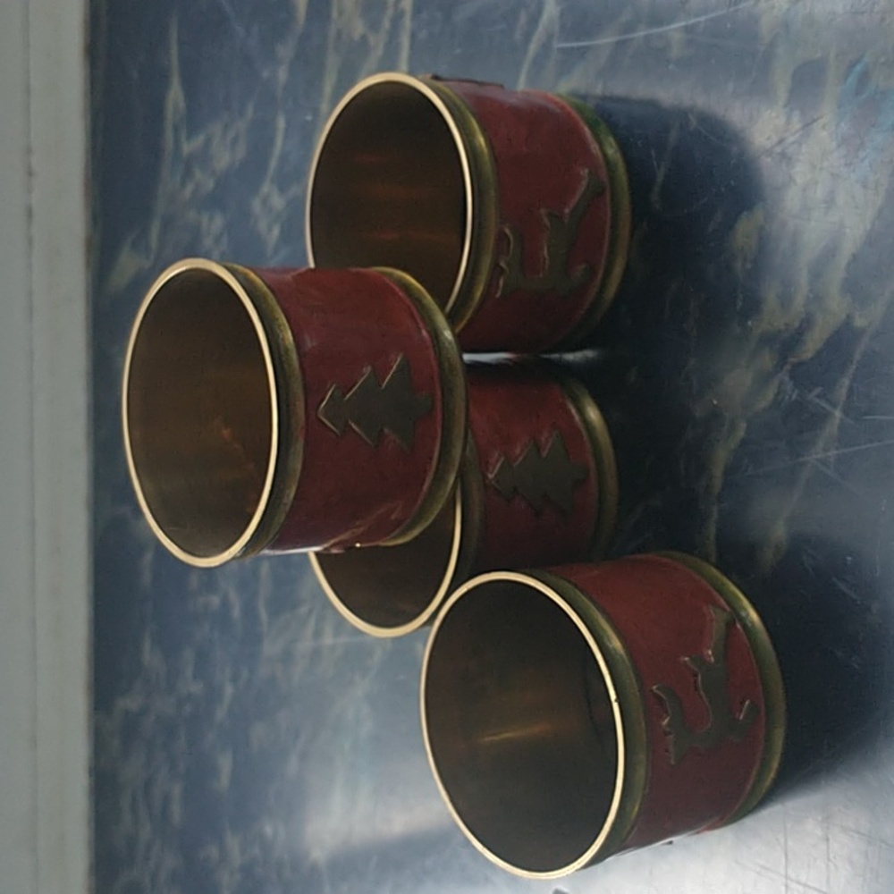Set of Four Christmas Holiday Napkin Rings Rust Color Brass
